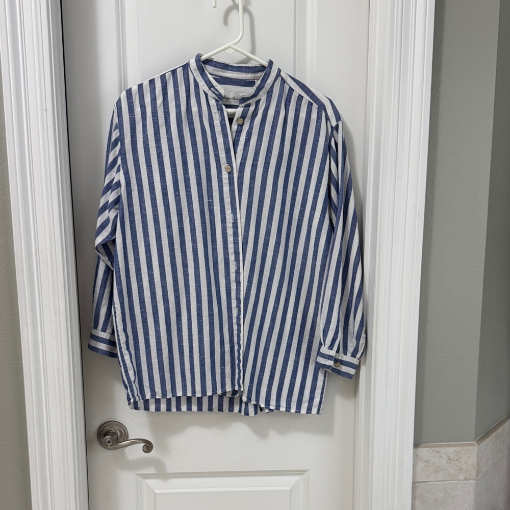 Women's Blue & White Striped Band-Collar Tunic